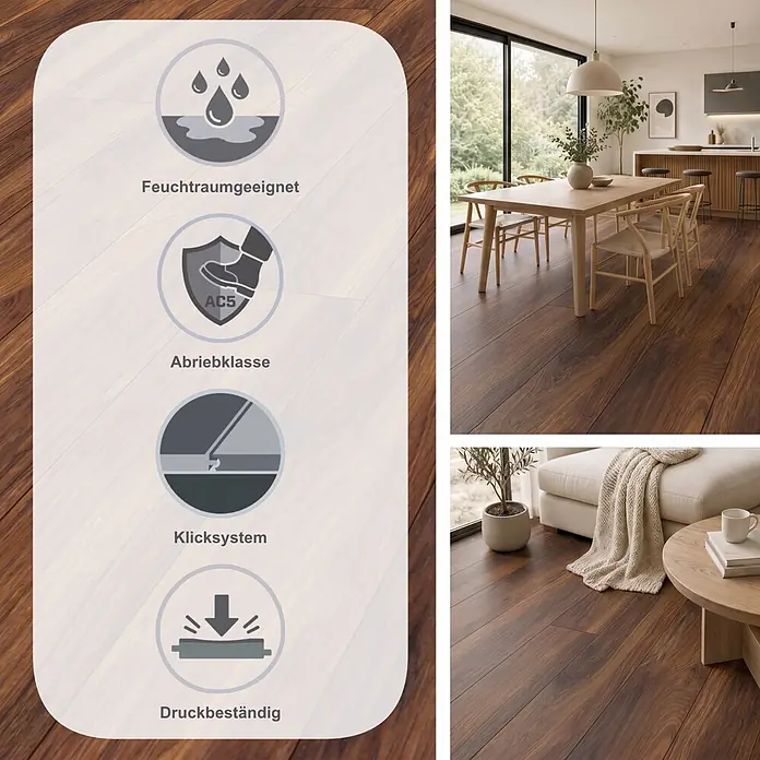 Krono Original Laminat Atlantic 10 - Red River Hickory, Landhausdiele, 1.288 x 195 x 10 mm - Dunkler Holzplankenboden in modernen Wohnbereichen, mit Symbolen für Feuchtraumeignung, Abriebklasse AC5, Allergikerfreundlichkeit und antibakterielle Eigenschaften.