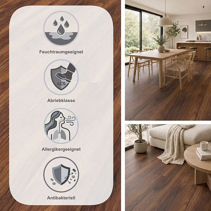 Krono Original Laminat Atlantic 10 - Red River Hickory, Landhausdiele, 1.288 x 195 x 10 mm - Dunkler Holzplankenboden in modernen Wohnbereichen, mit Symbolen für Feuchtraumeignung, Abriebklasse AC5, Allergikerfreundlichkeit und antibakterielle Eigenschaften.