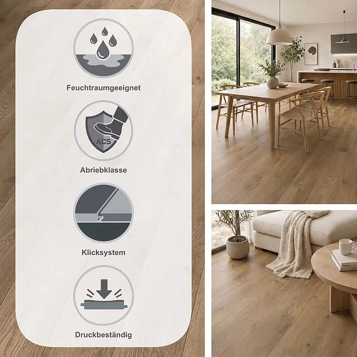 Krono Original Laminat Atlantic 12 - Haybridge Oak, Landhausdiele, 1.288 x 195 x 12 mm - Heller Holzfußboden in modernen Räumen, mit Symbolen für Feuchtraumeignung, AC5 Abrieb, Allergikerfreundlichkeit und antibakterielle Eigenschaften.