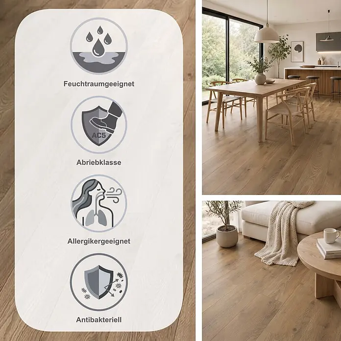 Krono Original Laminat Atlantic 12 - Haybridge Oak, Landhausdiele, 1.288 x 195 x 12 mm - Heller Holzfußboden in modernen Räumen, mit Symbolen für Feuchtraumeignung, AC5 Abrieb, Allergikerfreundlichkeit und antibakterielle Eigenschaften.