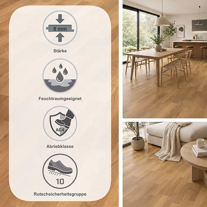 Parador Laminat Basic 400 - Eiche natur, Schiffsboden, 1.285 x 194 x 8 mm - Helles Laminat in Holzoptik für Wohnräume, mit 8mm Stärke, AC4 Abriebklasse, feuchtraumgeeignet & rutschfest.