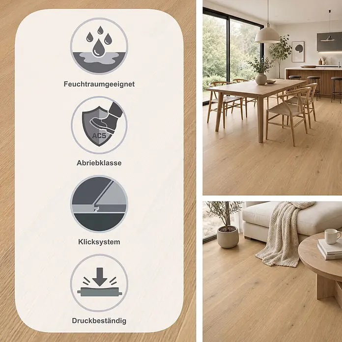 Krono Original Laminat Altitude - Honey Montreux Oak, Landhausdiele, 2.003 x 245 x 12 mm - Heller Holzfußboden mit Icons für Wasserbeständigkeit, Abriebklasse AC5, Allergikerfreundlichkeit und antibakterielle Eigenschaften, gezeigt in einem modernen Zuhause.