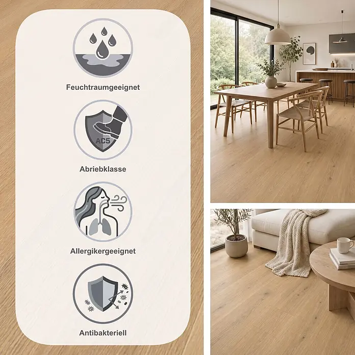Krono Original Laminat Altitude - Honey Montreux Oak, Landhausdiele, 2.003 x 245 x 12 mm - Heller Holzfußboden mit Icons für Wasserbeständigkeit, Abriebklasse AC5, Allergikerfreundlichkeit und antibakterielle Eigenschaften, gezeigt in einem modernen Zuhause.