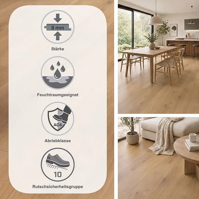 Parador Laminat Basic 400 - Eiche Horizont Natur, Landhausdiele, 1.285 x 194 x 8 mm - Heller Holzlaminatboden mit Infografik zu 8mm Stärke, Feuchtraumeignung, Abriebklasse AC4 und Rutschsicherheitsgruppe 10, in modernen Innenräumen.