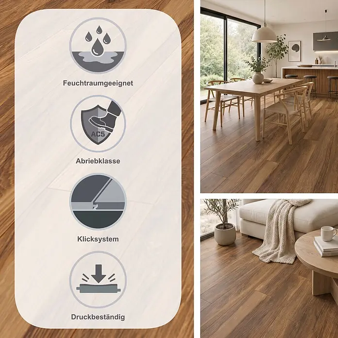 Krono Original Laminat Atlantic 10 - Appalachian Hickory, Landhausdiele, 1.288 x 195 x 10 mm - Brauner Holz-Laminatboden, geeignet für Feuchträume, AC5, allergikerfreundlich, antibakteriell, dargestellt in modernen Wohnräumen.