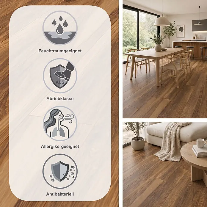 Krono Original Laminat Atlantic 10 - Appalachian Hickory, Landhausdiele, 1.288 x 195 x 10 mm - Brauner Holz-Laminatboden, geeignet für Feuchträume, AC5, allergikerfreundlich, antibakteriell, dargestellt in modernen Wohnräumen.