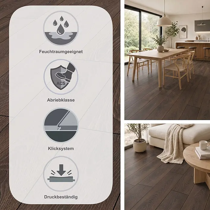 Krono Original Laminat Atlantic 10 - Espresso Carpenter Oak, Landhausdiele, 1.288 x 195 x 10 mm - Dunkles Laminatboden in modernen Räumen, mit Symbolen für Feuchtraumeignung, Abriebklasse AC5, Allergikerfreundlichkeit und antibakterielle Eigenschaften.