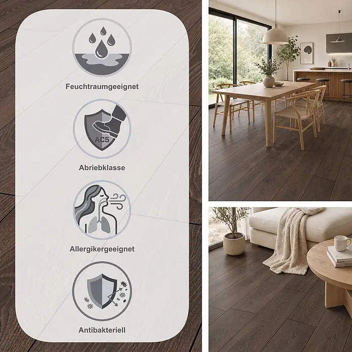 Krono Original Laminat Atlantic 10 - Espresso Carpenter Oak, Landhausdiele, 1.288 x 195 x 10 mm - Dunkles Laminatboden in modernen Räumen, mit Symbolen für Feuchtraumeignung, Abriebklasse AC5, Allergikerfreundlichkeit und antibakterielle Eigenschaften.