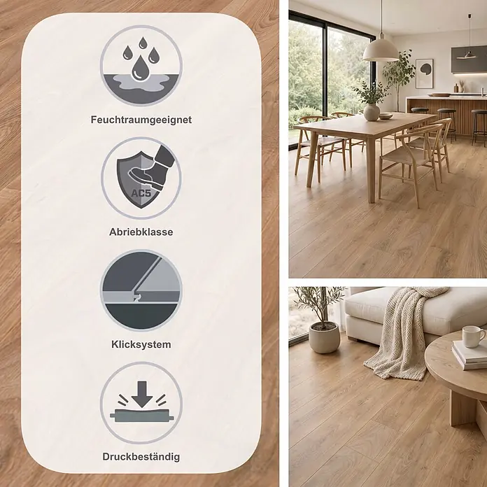 Krono Original Laminat Atlantic 10 - Historic Oak, Landhausdiele, 1.288 x 195 x 10 mm - Helle Holzoptik-Bodenbeläge in modernen Ess- und Wohnzimmern, feuchtraumgeeignet, Abriebklasse AC5, allergikerfreundlich und antibakteriell.