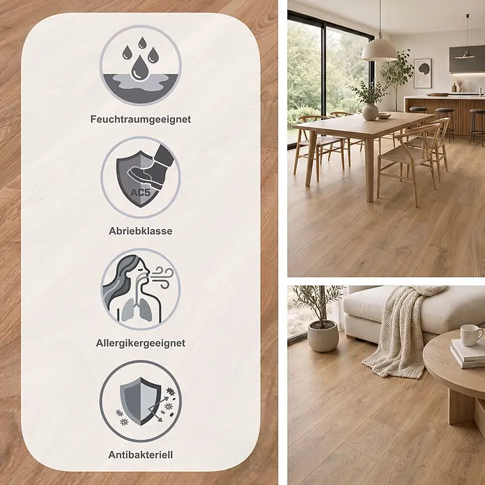 Krono Original Laminat Atlantic 10 - Historic Oak, Landhausdiele, 1.288 x 195 x 10 mm - Helle Holzoptik-Bodenbeläge in modernen Ess- und Wohnzimmern, feuchtraumgeeignet, Abriebklasse AC5, allergikerfreundlich und antibakteriell.