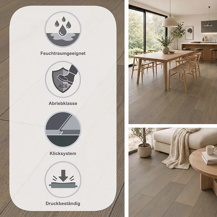 Krono Original Laminat Atlantic 10 - Copper Ethereal Oak, Landhausdiele, 1.288 x 195 x 10 mm - Hellbraun-grauer Laminatboden mit Grafiken, die Feuchtraumeignung, Abriebklasse AC5, Allergikerfreundlichkeit und antibakterielle Eigenschaften hervorheben.