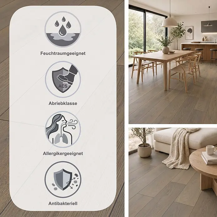 Krono Original Laminat Atlantic 10 - Copper Ethereal Oak, Landhausdiele, 1.288 x 195 x 10 mm - Hellbraun-grauer Laminatboden mit Grafiken, die Feuchtraumeignung, Abriebklasse AC5, Allergikerfreundlichkeit und antibakterielle Eigenschaften hervorheben.
