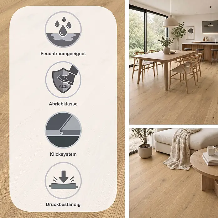 Krono Original Laminat Altitude - Sundance Oak, Landhausdiele, 2.003 x 245 x 12 mm - Helles Laminat in Holzoptik mit Icons für Feuchtraumeignung, Abriebklasse AC5, Allergikerfreundlichkeit und antibakterielle Eigenschaften, gezeigt in Wohnräumen.