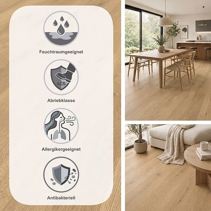 Krono Original Laminat Altitude - Sundance Oak, Landhausdiele, 2.003 x 245 x 12 mm - Helles Laminat in Holzoptik mit Icons für Feuchtraumeignung, Abriebklasse AC5, Allergikerfreundlichkeit und antibakterielle Eigenschaften, gezeigt in Wohnräumen.