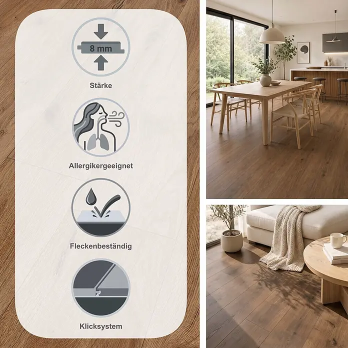 Classen Laminat 831-4 - Oak Rustic dark, Landhausdiele, 1.286 x 194 x 8 mm - Brauner Holzboden im modernen Zuhause, mit 8mm Stärke, allergikergeeignet, fleckenbeständig und Klicksystem für einfache Verlegung.