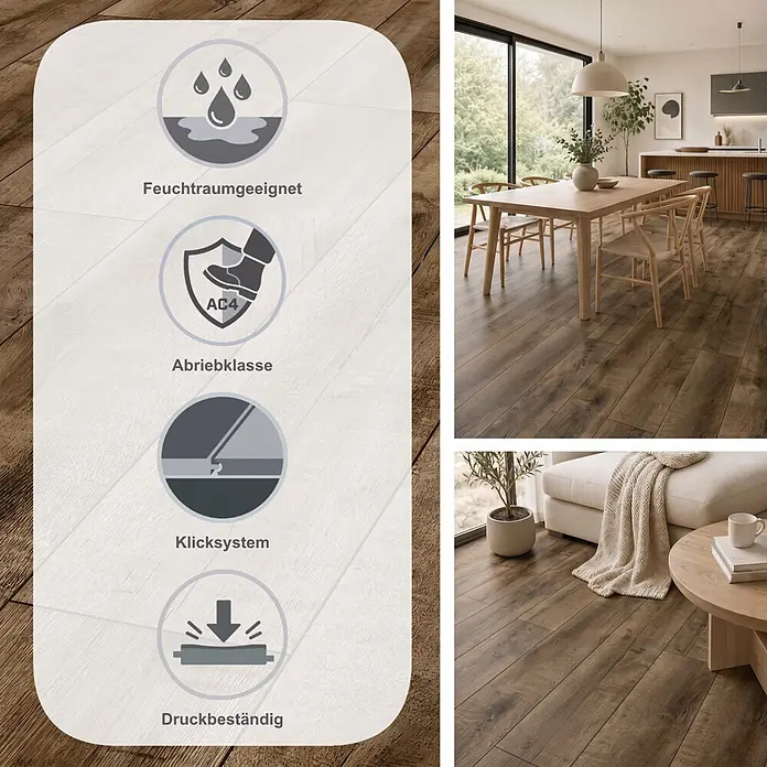 Krono Original Laminat Atlantic 8 - Antique Volcano Oak, Landhausdiele, 1.285 x 192 x 8 mm - Dunkelbrauner Laminatboden mit Abriebklasse AC4, feuchtraumgeeignet, allergikerfreundlich und antibakteriell, in einem modernen Zuhause verlegt.