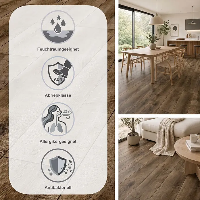 Krono Original Laminat Atlantic 8 - Antique Volcano Oak, Landhausdiele, 1.285 x 192 x 8 mm - Dunkelbrauner Laminatboden mit Abriebklasse AC4, feuchtraumgeeignet, allergikerfreundlich und antibakteriell, in einem modernen Zuhause verlegt.