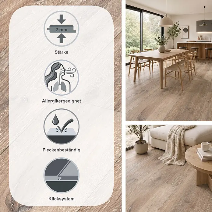 Classen Laminat 731-4 - Eiche Grau-braun, Landhausdiele, 1.286 x 194 x 7 mm - Laminatboden in Holzoptik, verlegt in einem modernen Haus, mit Icons zu 7mm Stärke, Allergikergeeignet, Fleckenbeständig und Klicksystem.