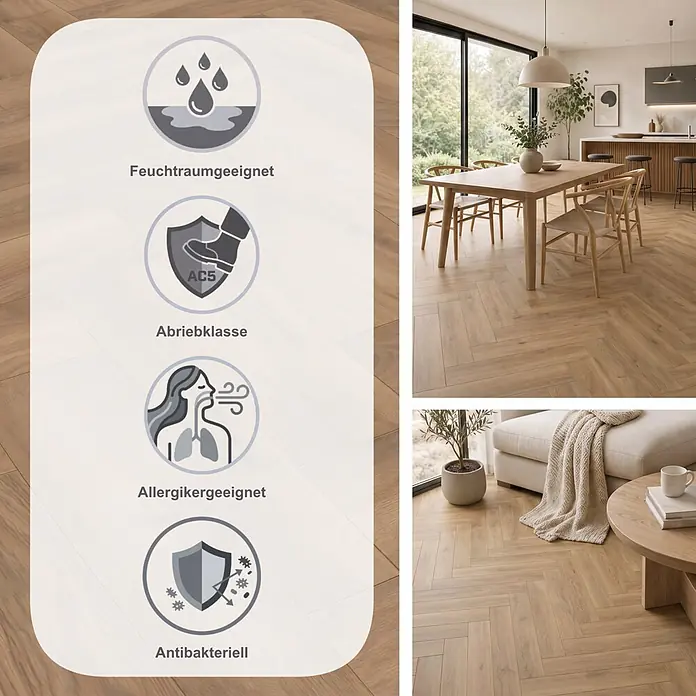 Krono Original Laminat Herringbone - Historic Oak, Fischgrät, 630 x 126 x 8 mm - Helles Fischgrätparkett im modernen Zuhause, mit Eigenschaften: feuchtraumgeeignet, Abriebklasse AC5, allergikerfreundlich, antibakteriell.