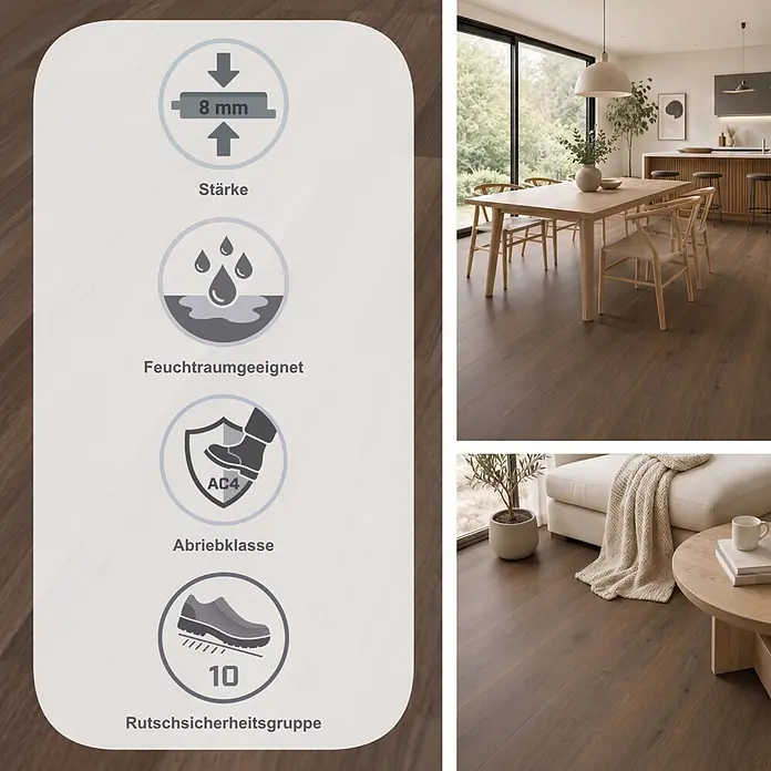 Parador Laminat Basic 400 - Ozean Teak, Schiffsboden, 1.285 x 194 x 8 mm - Dunkles Laminat in Holzoptik (8mm, AC4, feuchtraumgeeignet, R10), in modernen Wohnräumen.