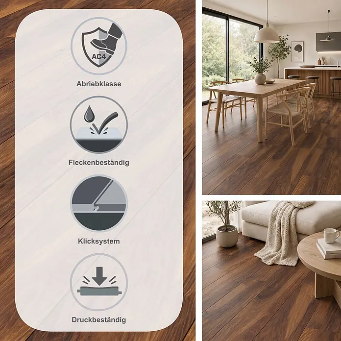 LOGOCLIC Vinto Laminat Classic - Hickory Donada, Landhausdiele, 1.288 x 195 x 8 mm - Braunbraunes Holz-Laminat mit AC4-Abriebklasse, Allergiker-Eignung, Fleckenbeständigkeit und Klicksystem. Verlegt in modernen Wohnräumen.