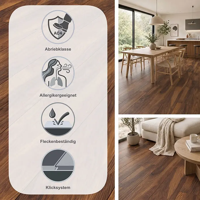 LOGOCLIC Vinto Laminat Classic - Hickory Donada, Landhausdiele, 1.288 x 195 x 8 mm - Braunbraunes Holz-Laminat mit AC4-Abriebklasse, Allergiker-Eignung, Fleckenbeständigkeit und Klicksystem. Verlegt in modernen Wohnräumen.
