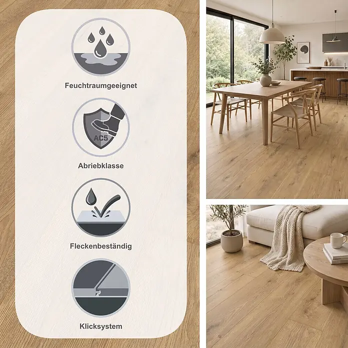 LOGOCLIC Aquaprotect Smart Silent Laminat - Pandora, Landhausdiele, 1.288 x 195 x 7 mm - Heller Holzboden in modernen Wohnräumen, mit Feuchtraumeignung, Abriebklasse AC5, allergikerfreundlichen und fleckenbeständigen Eigenschaften.
