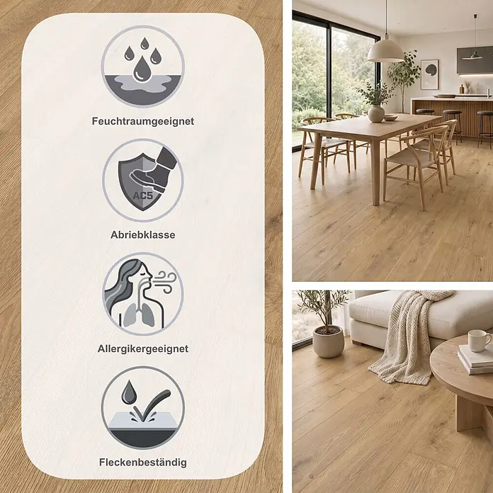 LOGOCLIC Aquaprotect Smart Silent Laminat - Pandora, Landhausdiele, 1.288 x 195 x 7 mm - Heller Holzboden in modernen Wohnräumen, mit Feuchtraumeignung, Abriebklasse AC5, allergikerfreundlichen und fleckenbeständigen Eigenschaften.