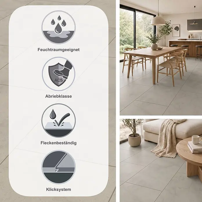 LOGOCLIC Aquaprotect Laminat - Arosa, 638 x 330 x 8 mm - Helle graue Bodenfliesen in moderner Einrichtung, mit Symbolen für Wasser-, Abrieb- (AC5), Allergiker- und Fleckenbeständigkeit.