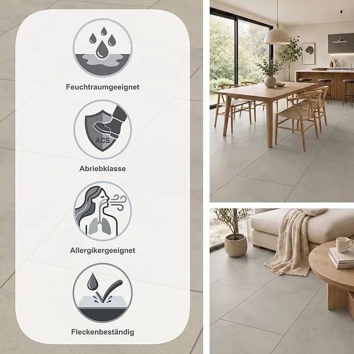 LOGOCLIC Aquaprotect Laminat - Arosa, 638 x 330 x 8 mm - Helle graue Bodenfliesen in moderner Einrichtung, mit Symbolen für Wasser-, Abrieb- (AC5), Allergiker- und Fleckenbeständigkeit.