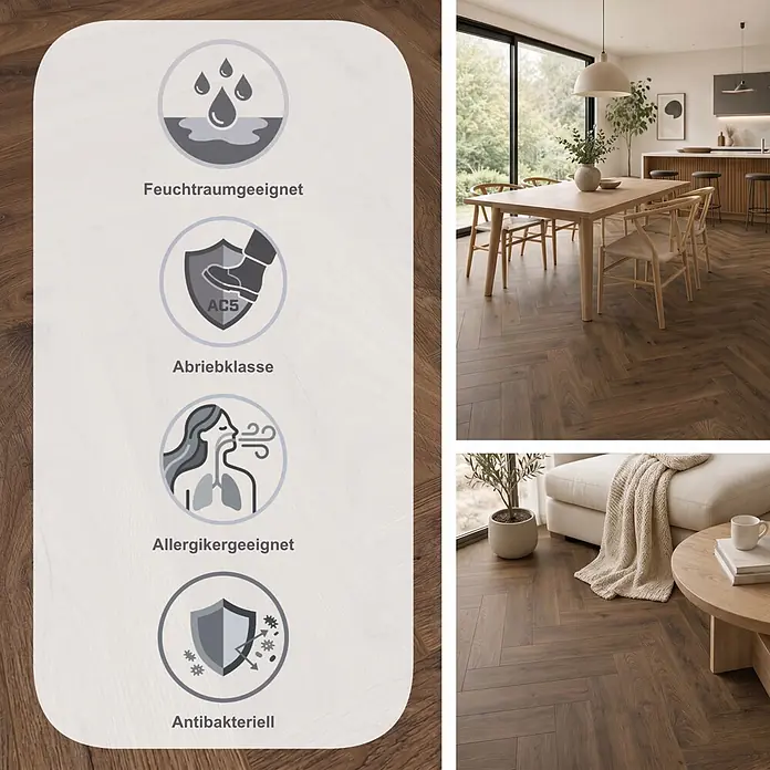Krono Original Laminat Herringbone - Firebrand Oak, Fischgrät, 630 x 126 x 8 mm - Dunkelbrauner Fischgrätboden, feuchtraumgeeignet, AC5-beständig, allergikerfreundlich und antibakteriell, in Ess- und Wohnzimmern gezeigt.