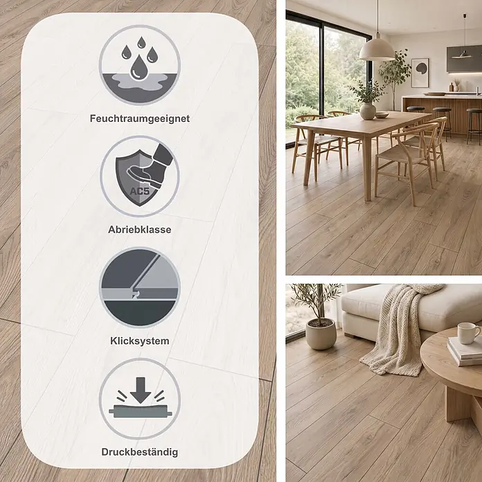 Krono Original Laminat Atlantic 10 - Mushroom Carpenter Oak, Landhausdiele, 1.288 x 195 x 10 mm - Heller Holzboden in einem modernen Zuhause, feuchtigkeitsbeständig, hohe Abriebklasse, allergikerfreundlich und antibakteriell.