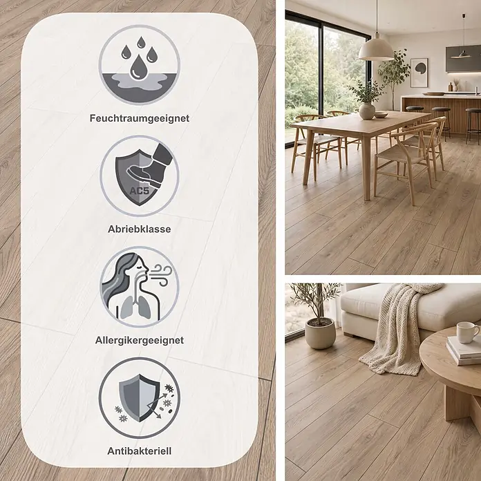 Krono Original Laminat Atlantic 10 - Mushroom Carpenter Oak, Landhausdiele, 1.288 x 195 x 10 mm - Heller Holzboden in einem modernen Zuhause, feuchtigkeitsbeständig, hohe Abriebklasse, allergikerfreundlich und antibakteriell.