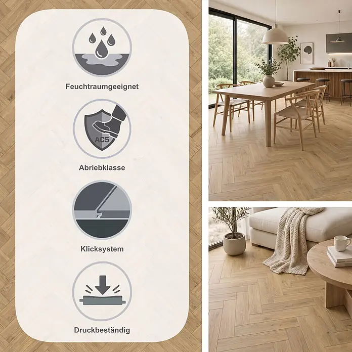 Krono Original Laminat Herringbone - Sundance Oak, Fischgrät, 630 x 126 x 8 mm - Helles Fischgrät-Holzparkett, geeignet für Feuchträume, AC5, allergikerfreundlich & antibakteriell, in modernen Wohnräumen gezeigt.