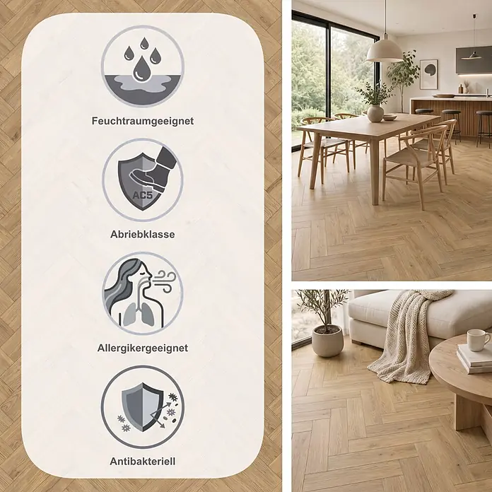 Krono Original Laminat Herringbone - Sundance Oak, Fischgrät, 630 x 126 x 8 mm - Helles Fischgrät-Holzparkett, geeignet für Feuchträume, AC5, allergikerfreundlich & antibakteriell, in modernen Wohnräumen gezeigt.