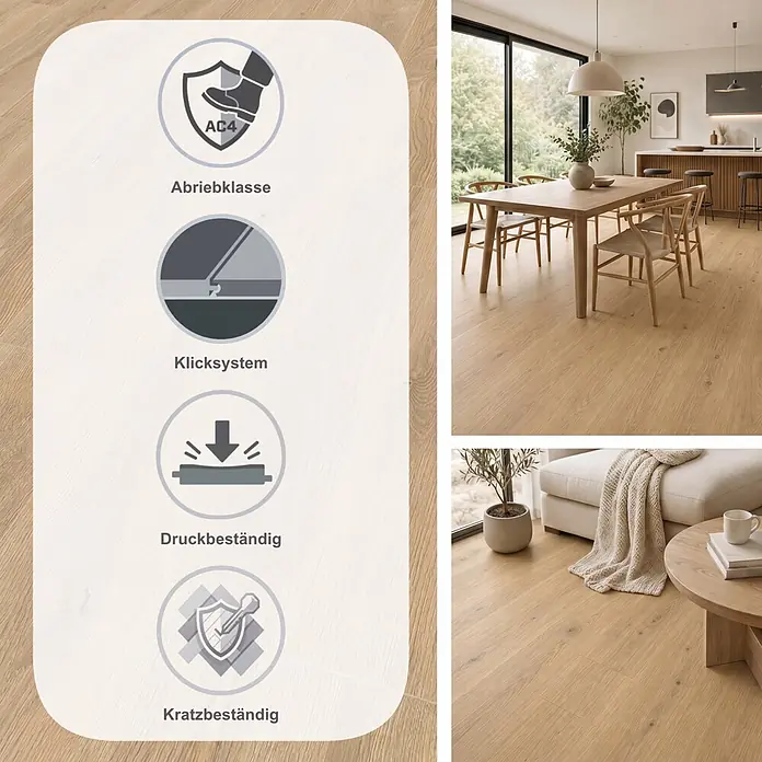 Krono Original Laminat Atlantic 8 - Tortilla Cashmere Oak, Landhausdiele, 1.288 x 195 x 8 mm - Helles Holzfußboden in modernem Ess- und Wohnzimmer, mit AC4 Abriebklasse, allergikerfreundlichen, antibakteriellen und Klicksystem-Eigenschaften.