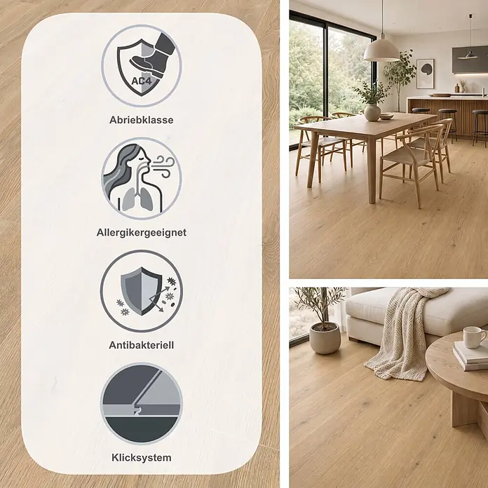 Krono Original Laminat Atlantic 8 - Tortilla Cashmere Oak, Landhausdiele, 1.288 x 195 x 8 mm - Helles Holzfußboden in modernem Ess- und Wohnzimmer, mit AC4 Abriebklasse, allergikerfreundlichen, antibakteriellen und Klicksystem-Eigenschaften.