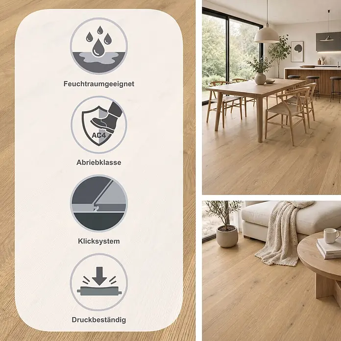 Krono Original Laminat Atlantic 8 - Sundance Oak, Landhausdiele, 1.285 x 192 x 8 mm - Heller Laminatboden in einem modernen Zuhause, mit Feuchtraumeignung, Abriebklasse AC4, antiallergischen und antibakteriellen Eigenschaften.
