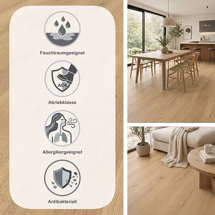 Krono Original Laminat Atlantic 8 - Sundance Oak, Landhausdiele, 1.285 x 192 x 8 mm - Heller Laminatboden in einem modernen Zuhause, mit Feuchtraumeignung, Abriebklasse AC4, antiallergischen und antibakteriellen Eigenschaften.