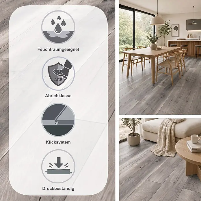 Krono Original Laminat Atlantic 10 - Blackwater Oak, Landhausdiele, 1.288 x 195 x 10 mm - Hellgrauer Laminatboden in Holzoptik in Ess- und Wohnzimmer.