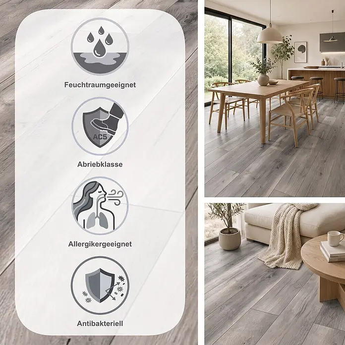 Krono Original Laminat Atlantic 10 - Blackwater Oak, Landhausdiele, 1.288 x 195 x 10 mm - Hellgrauer Laminatboden in Holzoptik in Ess- und Wohnzimmer.