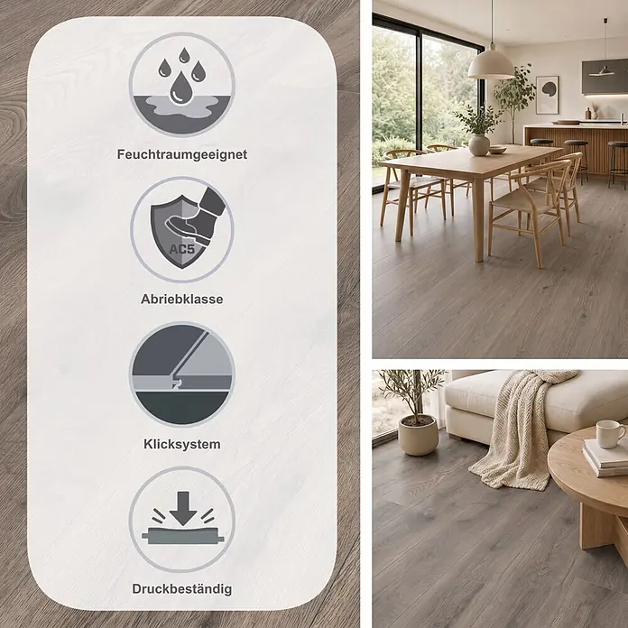 Krono Original Laminat Atlantic 12 - Steelworks Oak, Landhausdiele, 1.288 x 195 x 12 mm - Hellgraubrauner Laminatboden in Holzoptik in einem modernen Zuhause, mit Symbolen für Feuchtraumeignung, Abriebklasse AC5, Allergikerfreundlichkeit und antibakterielle Eigenschaften.