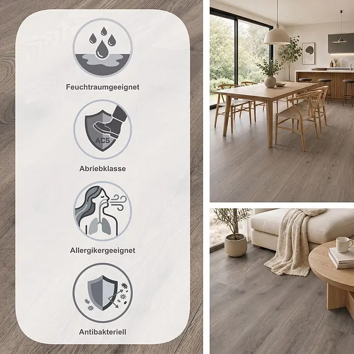 Krono Original Laminat Atlantic 12 - Steelworks Oak, Landhausdiele, 1.288 x 195 x 12 mm - Hellgraubrauner Laminatboden in Holzoptik in einem modernen Zuhause, mit Symbolen für Feuchtraumeignung, Abriebklasse AC5, Allergikerfreundlichkeit und antibakterielle Eigenschaften.