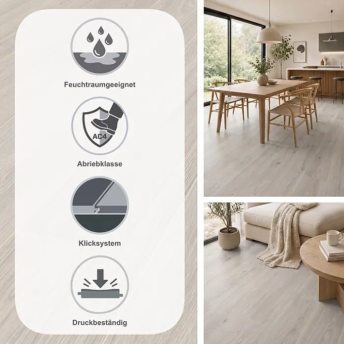 Krono Original Laminat Atlantic 8 - Cotton Greenvale Oak, Landhausdiele, 1.288 x 195 x 8 mm - Heller Holzboden in Holzoptik, verlegt in einem modernen Zuhause, zeigt seine natürliche Maserung in Wohn- und Essbereichen.