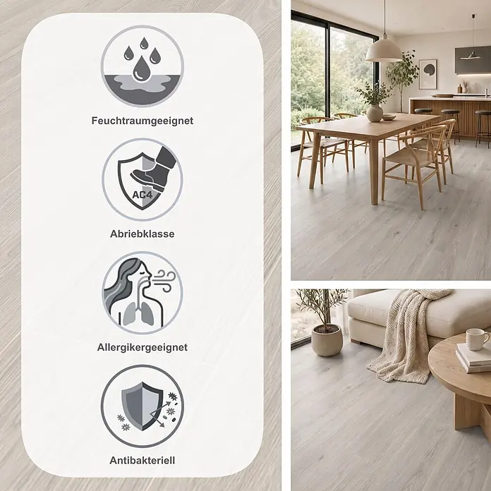 Krono Original Laminat Atlantic 8 - Cotton Greenvale Oak, Landhausdiele, 1.288 x 195 x 8 mm - Heller Holzboden in Holzoptik, verlegt in einem modernen Zuhause, zeigt seine natürliche Maserung in Wohn- und Essbereichen.