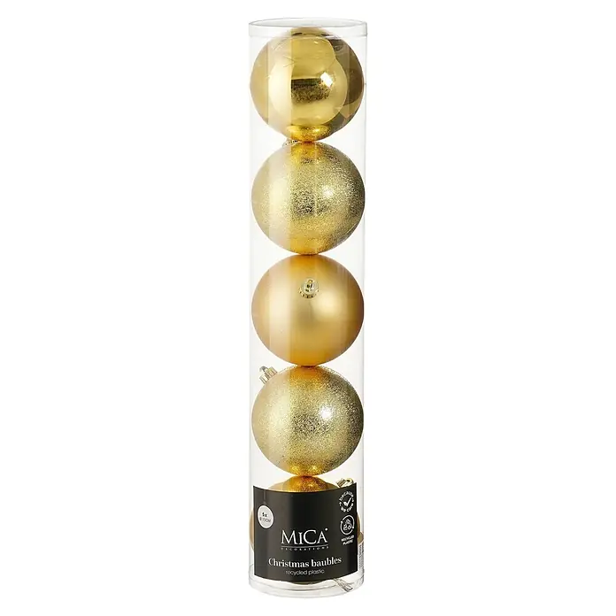 Christbaumkugel-Set - Gold, Kunststoff, 5 Stk., Durchmesser: 15 cm - Set goldener Weihnachtskugeln, teils glänzend, teils glitzernd, vertikal in transparenter Plastikröhre verpackt. Aus recyceltem Kunststoff.