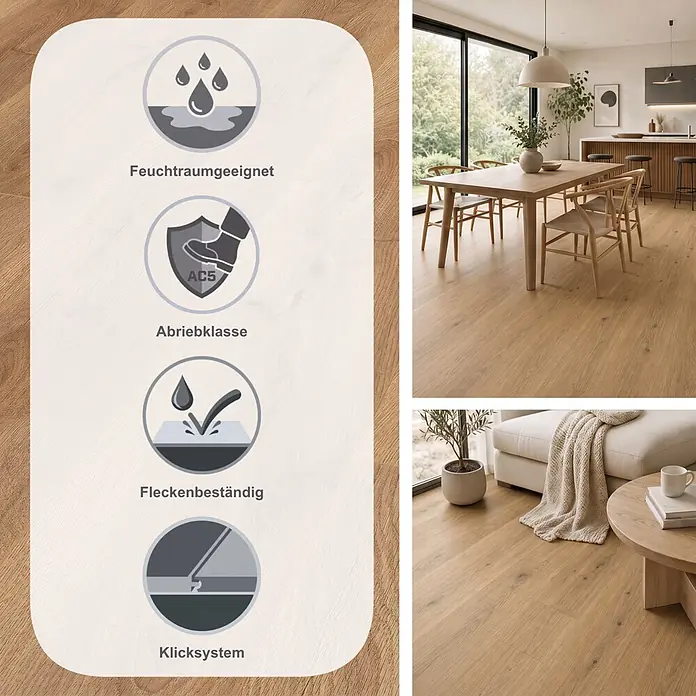 LOGOCLIC Aquaprotect Smart Silent Laminat - Celli Oak, Landhausdiele, 1.288 x 195 x 7 mm - Heller Holzboden in Küche und Wohnzimmer, mit Feuchtraum-, Abriebklasse AC5-, Allergiker- und Fleckenbeständigkeitssymbolen.
