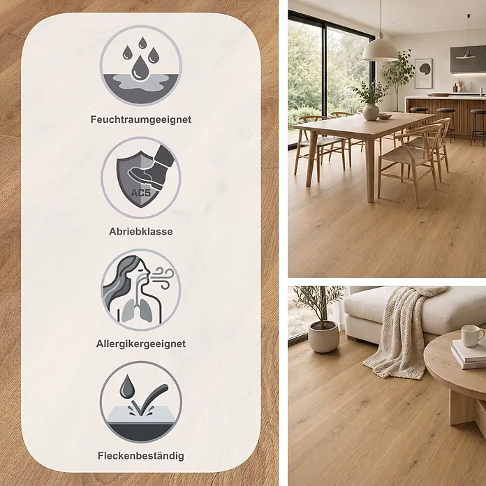 LOGOCLIC Aquaprotect Smart Silent Laminat - Celli Oak, Landhausdiele, 1.288 x 195 x 7 mm - Heller Holzboden in Küche und Wohnzimmer, mit Feuchtraum-, Abriebklasse AC5-, Allergiker- und Fleckenbeständigkeitssymbolen.