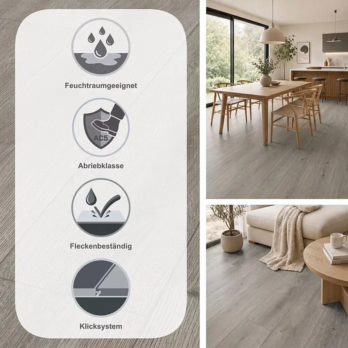 LOGOCLIC Aquaprotect Smart Silent Laminat - Calais Oak, Landhausdiele, 1.288 x 195 x 7 mm - Heller Fußboden in Holzoptik in modernen Ess- und Wohnbereichen. Icons heben Strapazierfähigkeit, Wasser- und Allergiebeständigkeit hervor, plus Fleckenabweisung.