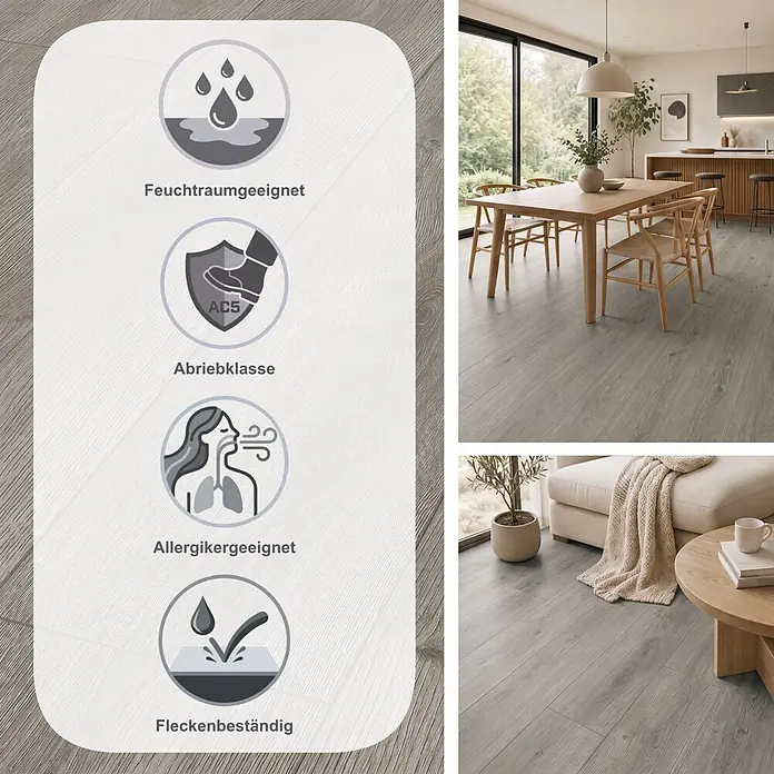 LOGOCLIC Aquaprotect Smart Silent Laminat - Calais Oak, Landhausdiele, 1.288 x 195 x 7 mm - Heller Fußboden in Holzoptik in modernen Ess- und Wohnbereichen. Icons heben Strapazierfähigkeit, Wasser- und Allergiebeständigkeit hervor, plus Fleckenabweisung.